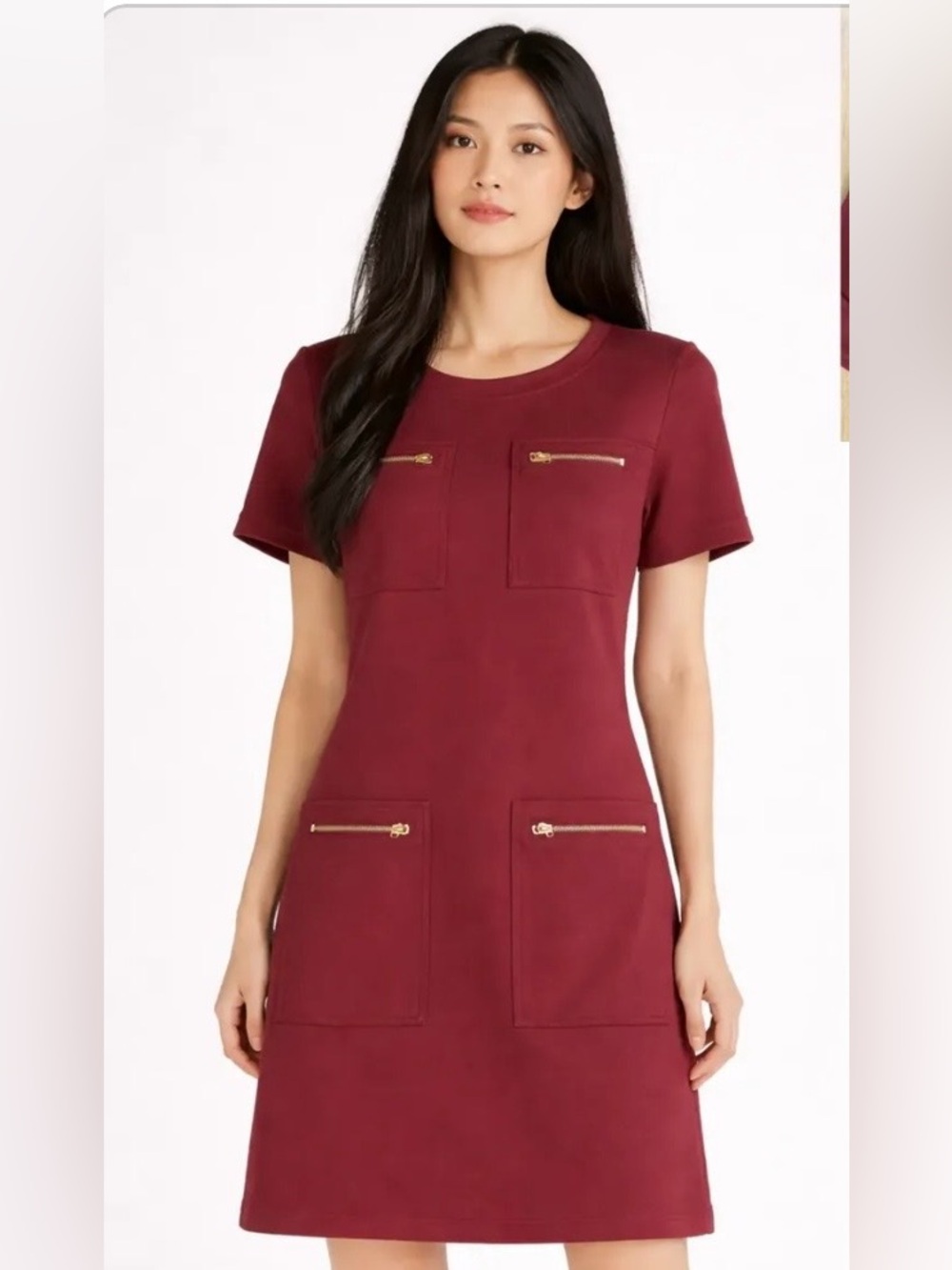 J. Crew Burgundy Ponte Knit Shift Dress with Gold Zip Pockets – Size6